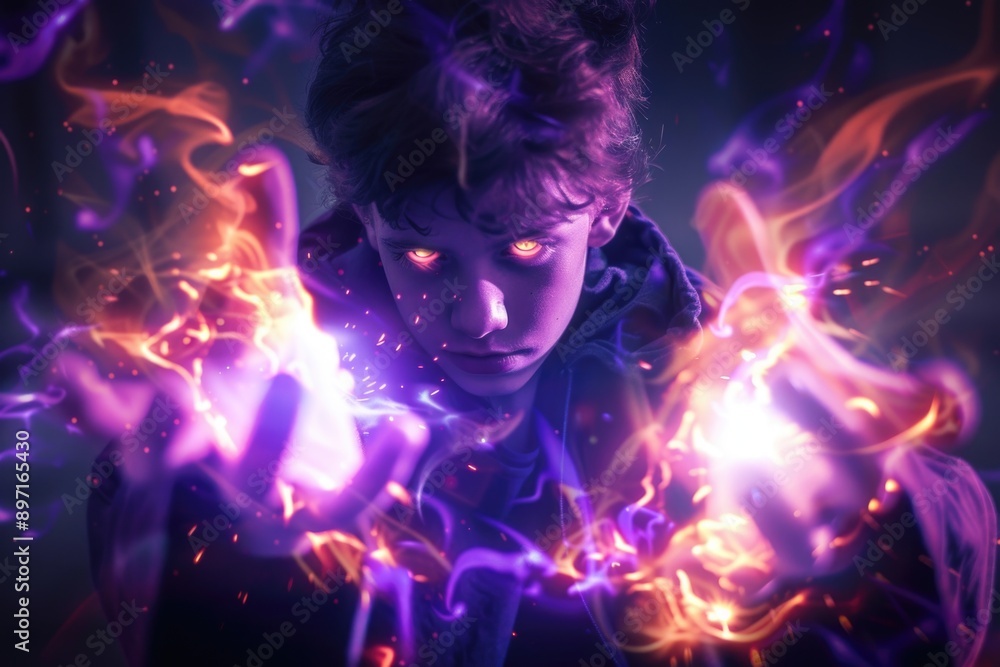 A person holds a bright, flaming sphere A person holds a bright, flaming sphere