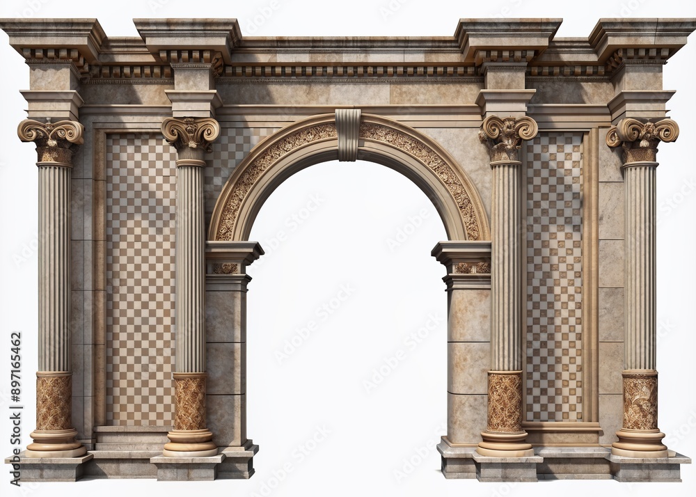 Fototapeta premium Intricate ancient Roman-inspired entrance design with ornate arch pillars and subtle stone textures on a transparent background, perfect for architectural overlays.