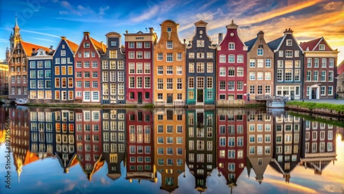 Colorful traditional Dutch canal houses with ornate facades and steeply pitched roofs reflect beautifully in calm water scenery.