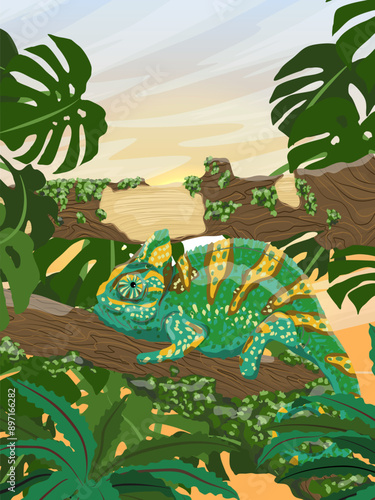Veiled chameleon sits on a large branch of a tropical tree covered with moss. Chamaeleo calyptratus. Realistic vector vertical landscape