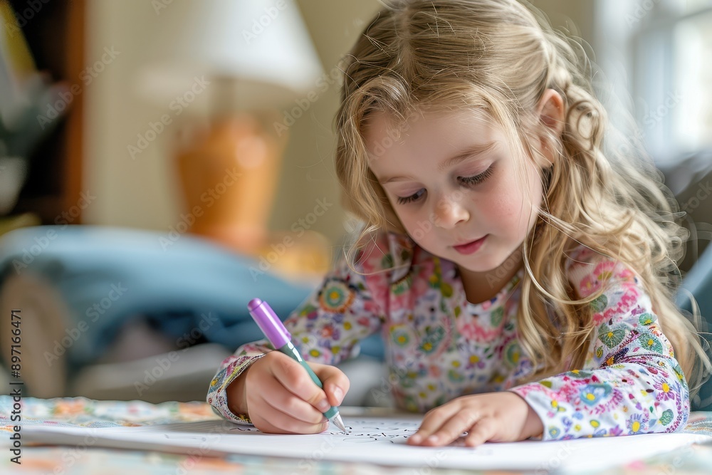 Young Child Engaged in Homeschool Handwriting Lesson, Practicing Cursive Writing Skills with Dedication Young Child Engaged in Homeschool Handwriting Lesson, Practicing Cursive Writing Skills with Dedication