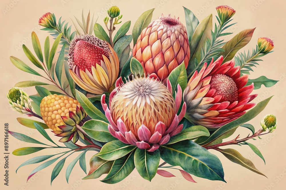 Vibrant watercolour illustration of exotic banksia and protea flowers on a soft creamy background, ideal for elegant Mother's Day cards, birthday banners, and wedding invitations. Vibrant watercolour illustration of exotic banksia and protea flowers on a soft creamy background, ideal for elegant Mother's Day cards, birthday banners, and wedding invitations.