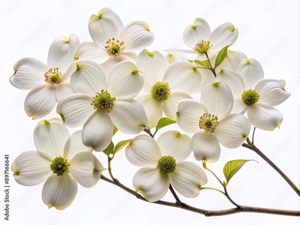 Fototapeta premium Delicate white flowering dogwood blossoms bloom on a curved branch isolated against a pure white background, showcasing nature's beauty with intricate details.