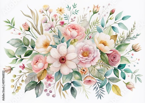 Delicate hand-painted watercolor floral elements featuring intricate leaves in soft pastel hues on a crisp white background, perfect for design and illustration projects.