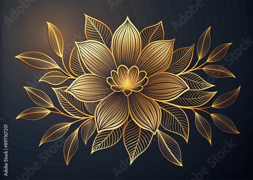 Elegant hand-drawn golden flower with delicate linear petals and intricate leaves, perfect for upscale wedding invitations, luxury branding, and sophisticated graphic design projects.