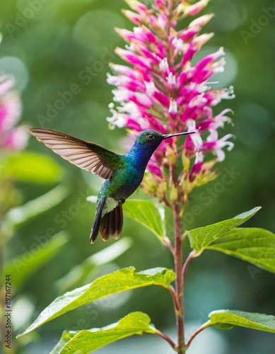 Hummingbird Violet Sabrewing flying next to beautiful pink flower