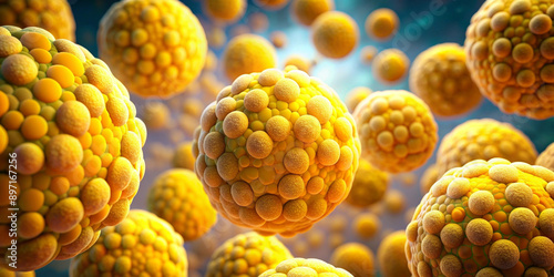 Fat bright yellow cells background. Inside human organism. 3d render, illustration. closeup.