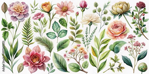 AI-generated collection of botanical elements in soft watercolor, perfect for graphic design and layout, with transparent backgrounds and isolated vectors for seamless patterns and elegant floral deco