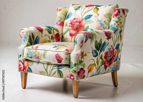 Vibrant watercolor armchair with intricate floral patterns and eclectic bohemian vibes, set against a soft, creamy background, evoking a sense of relaxed elegance and whimsy.