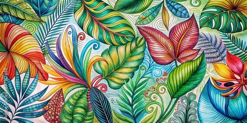 Vibrant abstract tropical leaves in intricate ink drawings swirl across white paper, creating a stunning floral background with bold lines and whimsical shapes. photo