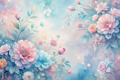 Soft, dreamy watercolor floral background with pastel pink and blue hues, delicate petals, and gentle brushstrokes creating a whimsical, ethereal atmosphere.
