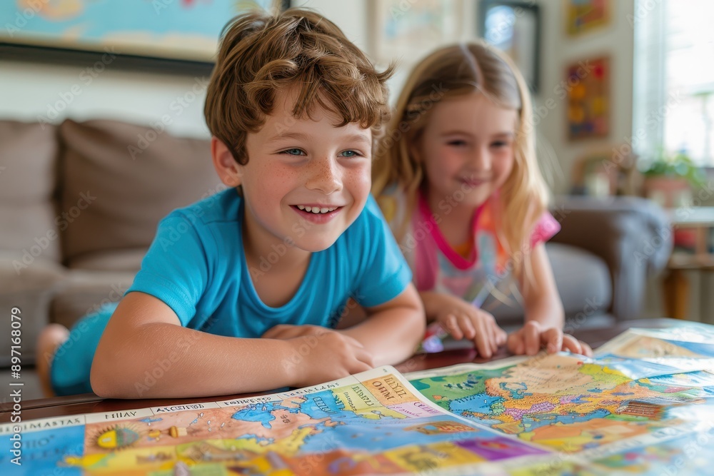 Fototapeta premium Young Student Engaging in Homeschool Social Studies with Timeline for Learning History