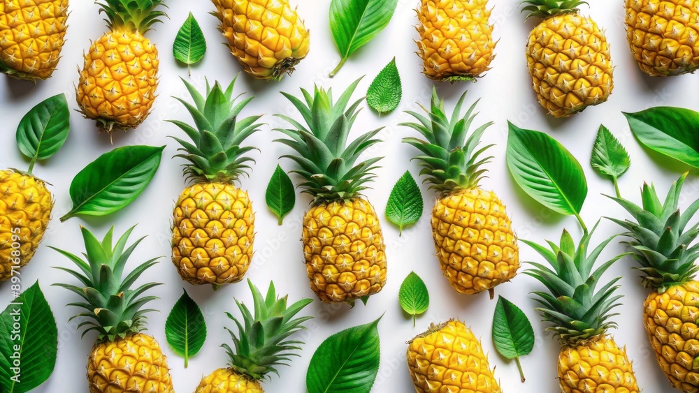 Freshly cut vibrant yellow pineapples with green crowns and leaves arranged artfully on a clean pure white isolated background. Freshly cut vibrant yellow pineapples with green crowns and leaves arranged artfully on a clean pure white isolated background.