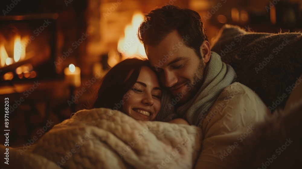 A couple cuddling under a warm blanket by the fireplace, intimate moment A couple cuddling under a warm blanket by the fireplace, intimate moment