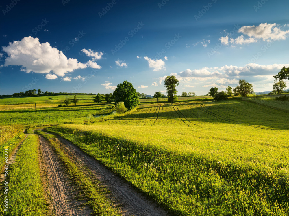Fototapeta premium field with green farms and blue sky