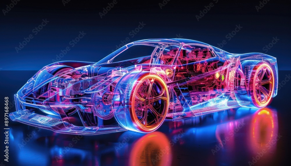 Naklejka premium Transparent Wireframe of a Sports Car with Neon Lights