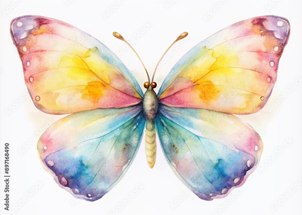 Delicate watercolor butterfly with vibrant, soft-washed hues of pink, blue, and yellow flutters gently on a crisp, clean white background, exuding whimsy and elegance. Delicate watercolor butterfly with vibrant, soft-washed hues of pink, blue, and yellow flutters gently on a crisp, clean white background, exuding whimsy and elegance.