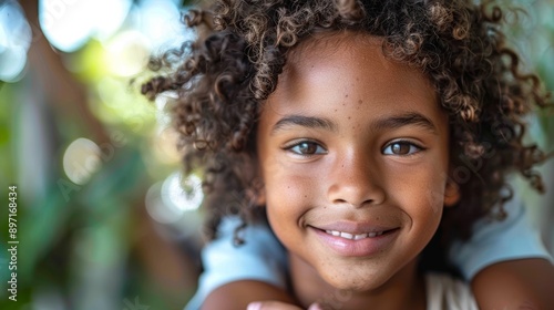 A Close Up Portrait of a Young Girl With Curly Hair Smiling in an Outdoor Setting