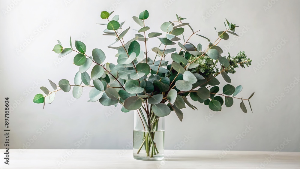 Naklejka premium Freshly cut eucalyptus leaves arranged artfully in a modern vase, surrounded by subtle greenery, set against a soft, creamy white background, evoking serenity.
