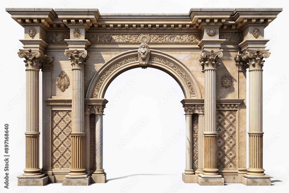 Obraz premium Elegant ancient Roman-inspired entrance arch with ornate pillars and intricate carvings set against a transparent background, perfect for architectural and design compositions.