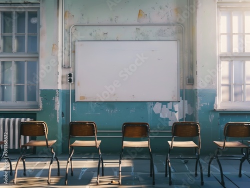 A typical classroom setting with a whiteboard and chairs in front of it