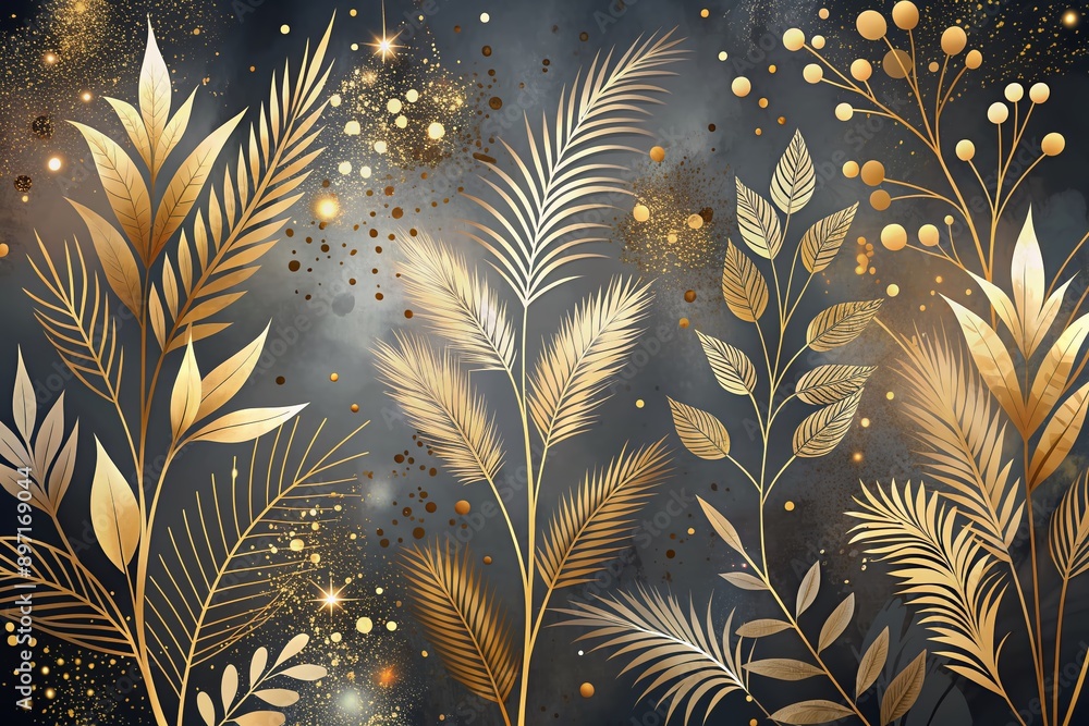 Delicate vector plants and grasses adorned with gold paint splatters and gloss effects, featuring minimalist hand-drawn leaves and organic shapes in a chic, luxurious design. Delicate vector plants and grasses adorned with gold paint splatters and gloss effects, featuring minimalist hand-drawn leaves and organic shapes in a chic, luxurious design.