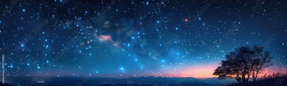 Starry night sky with a tree and a mountain range