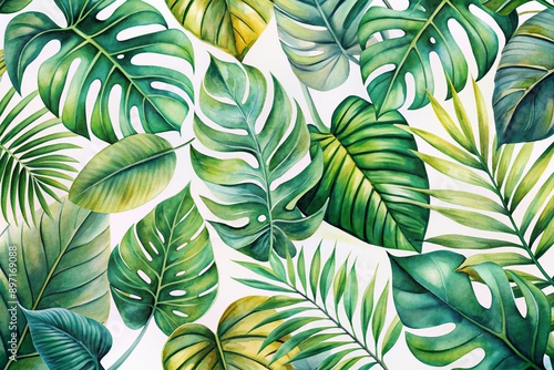 Vibrant hand-painted watercolor illustration of lush tropical leaves on a soft white background, perfect for design elements, wallpapers, and summer-themed projects.