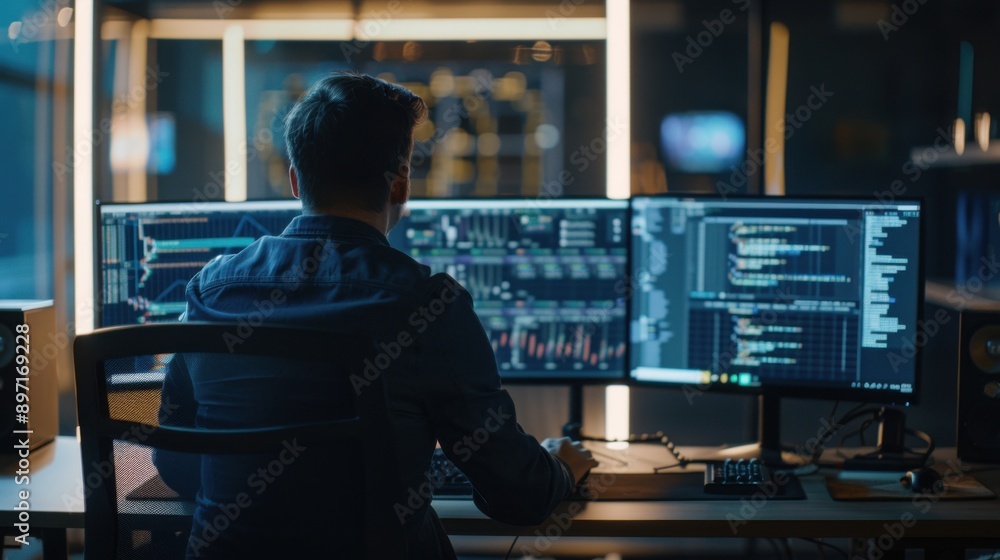A man is sitting at a desk with two computer monitors in front of him
