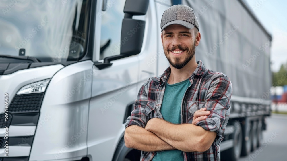 A smiling man stands in front of a large semi truck A smiling man stands in front of a large semi truck