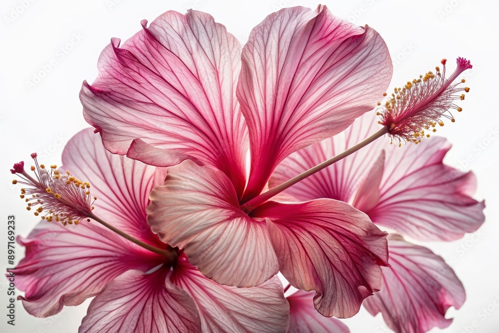 Fototapeta premium Delicate petals of vibrant pink hibiscus flower unfold against a transparent background, showcasing intricate details and subtle texture in high-definition clarity.