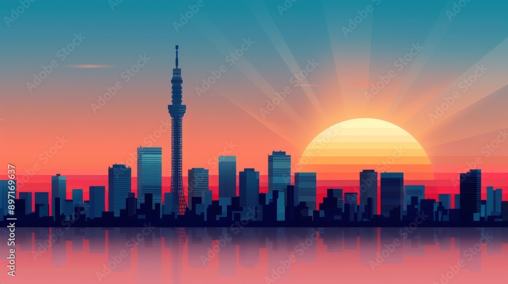 1980s retrofuturism art of Tokyo skyline at sunset 1980s retrofuturism art of Tokyo skyline at sunset