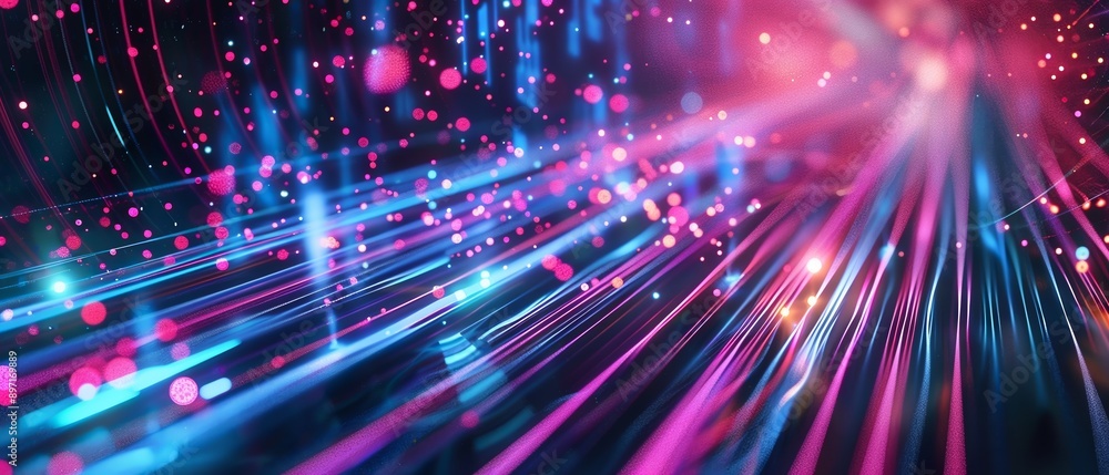 Obraz premium Dark background with light streaks and particles creating an abstract flow of data