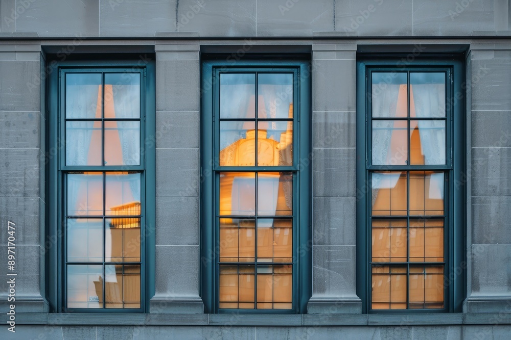 Three windows are reflecting warm light on a grey building Three windows are reflecting warm light on a grey building