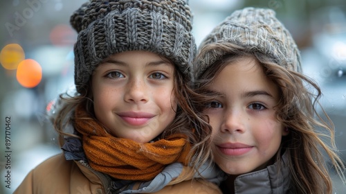 Two Young Girls Smiling Together on a Cold Day