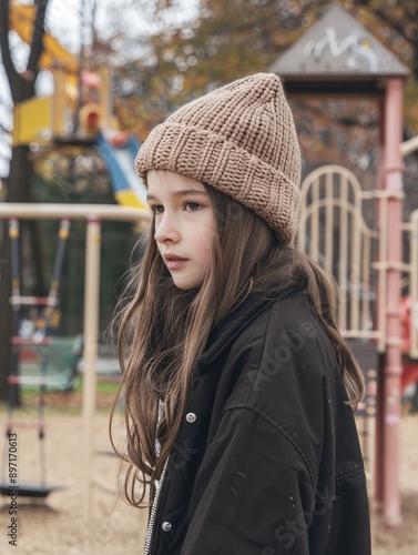 Young girl in a park wearing a cozy knit hat, great for outdoor activities or everyday use