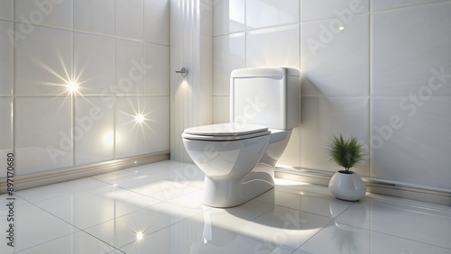 Sparkling clean white ceramic toilet bowl centered in sleek modern bathroom surrounded by pristine white walls and polished floor.