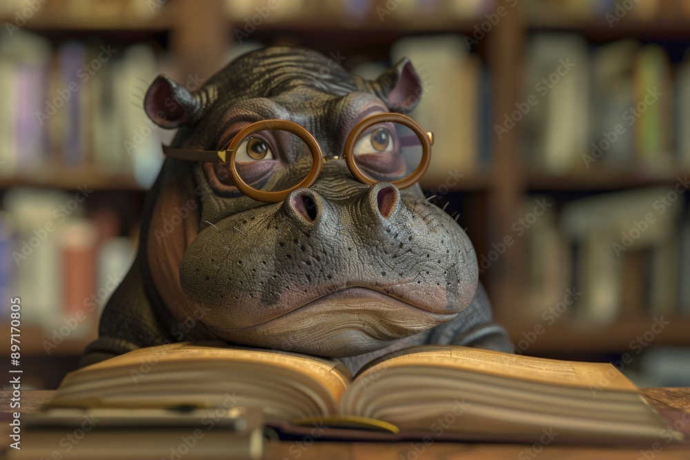 An african hippo reading a book with glasses. An african hippo reading a book with glasses.