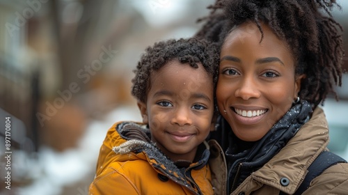 A Woman and Child Smile Together on a Winter Day