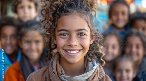 Young Girl Smiles Brightly in a Group of Children