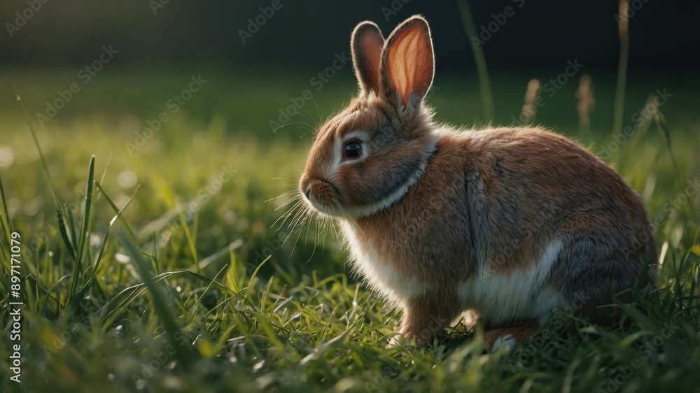 Fototapeta premium Cute little bunny in grass with ears up looking away.