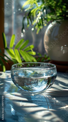 A beautifully composed shot of a clear glass bowl filled with water placed on a reflective surface with sunlight streaming through a lush green indoor plant