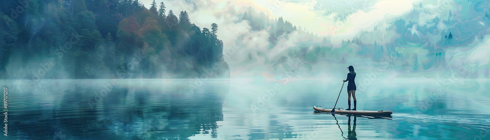 Paddleboarding calm lake solo adventure Watercolor Paddleboarding calm lake solo adventure Watercolor