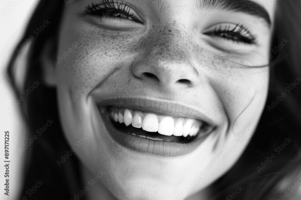 Woman with freckles smiling, close-up portrait. Woman with freckles smiling, close-up portrait.
