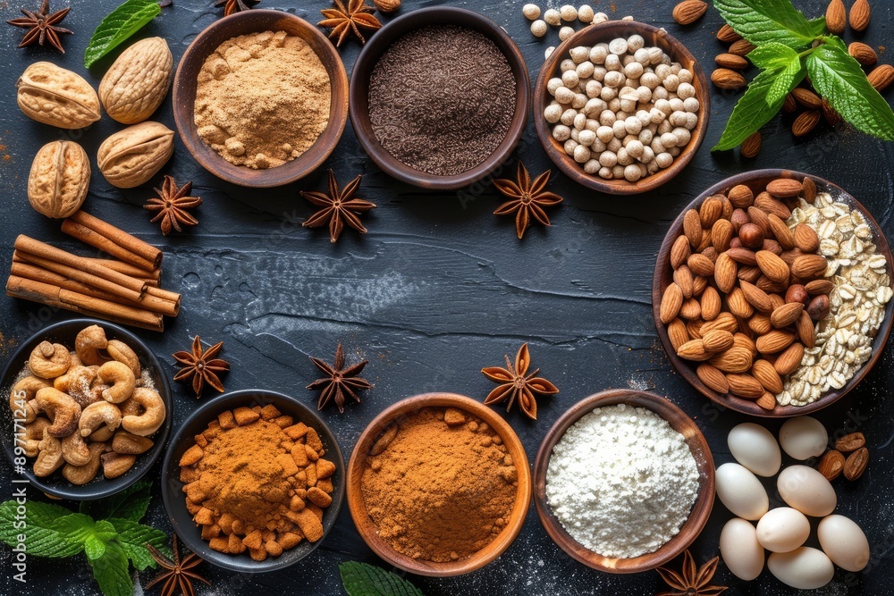 A Culinary Arrangement of Spices Nuts and Other Ingredients Surrounding a Blank Space on a Dark Surface A Culinary Arrangement of Spices Nuts and Other Ingredients Surrounding a Blank Space on a Dark Surface