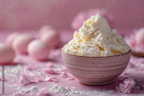 A bowl of fluffy white frosting sits on a pink surface with delicate pink petals and a light dusting of powdered sugar photo