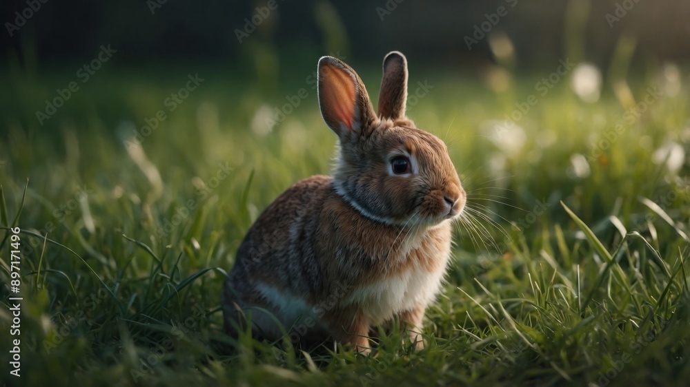 Fototapeta premium Cute little bunny in grass with ears up looking away.