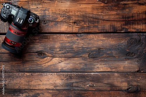 Top View of Digital Camera on Rustic Wooden Background, copy space for text, image advertising photo