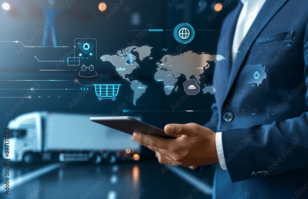 A businessman holds an tablet with a global map and logistics icons floating above A businessman holds an tablet with a global map and logistics icons floating above