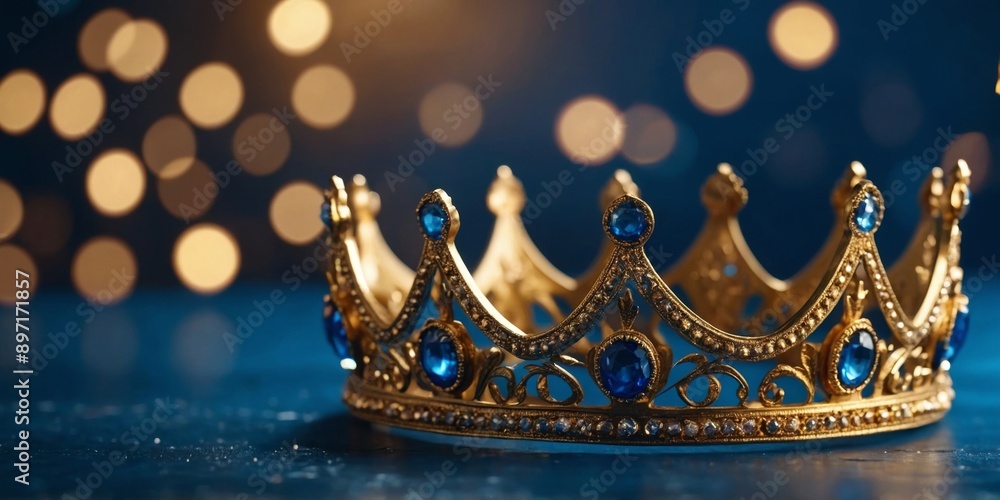 Gold crowns on blue background with bokeh lights. Gold crowns on blue background with bokeh lights.